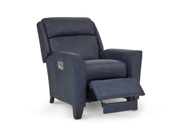 Blue leather rheeves recliner, reclined